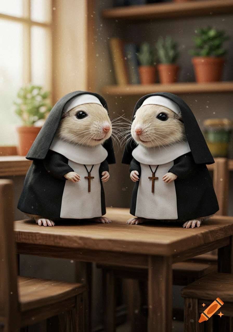Two adorable gerbils dressed in black and white nun habits with crucifix necklaces stand on a wooden table. Photorealistic.