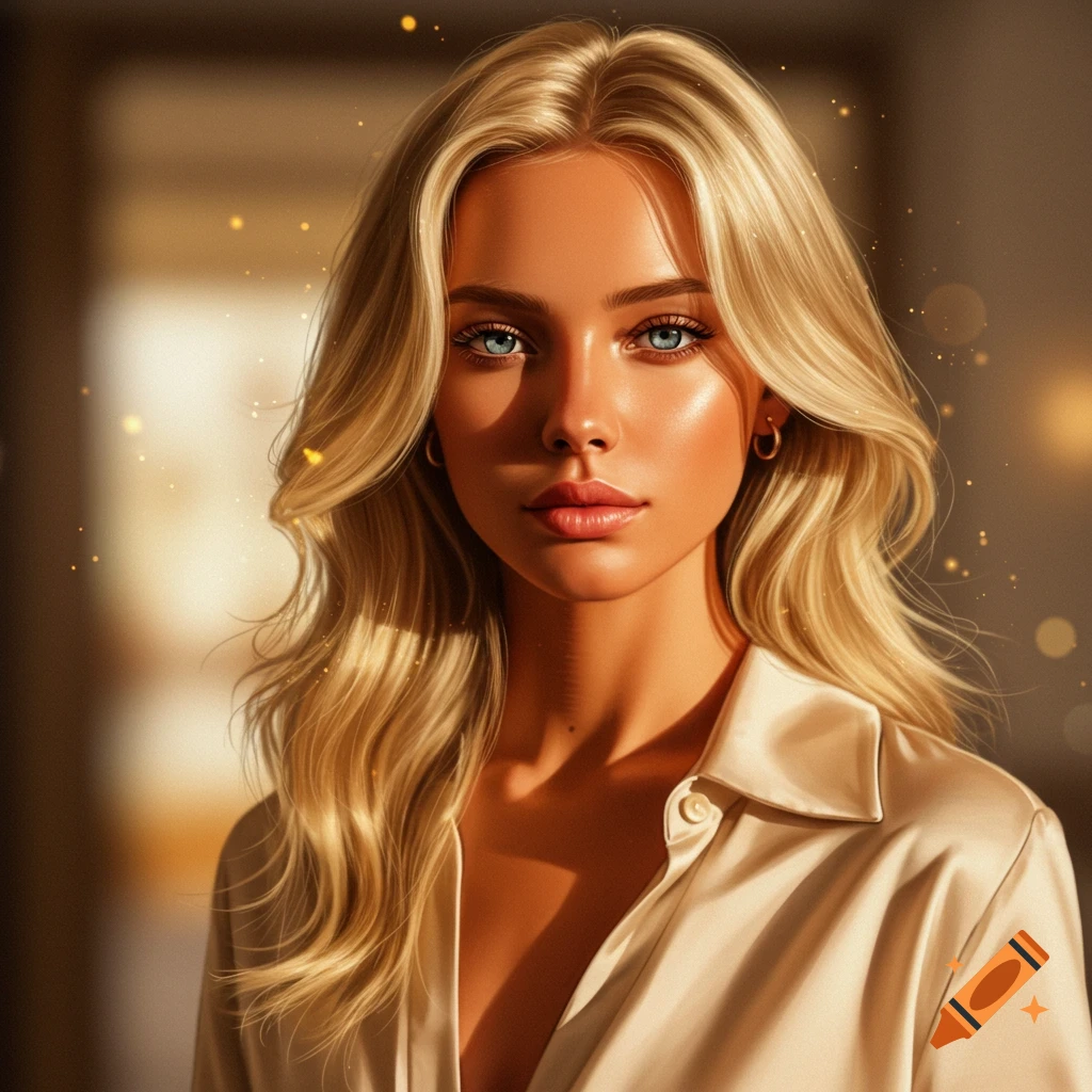Photorealistic portrait of a blonde woman with blue eyes and a tan, wearing a cream satin shirt, with golden bokeh.