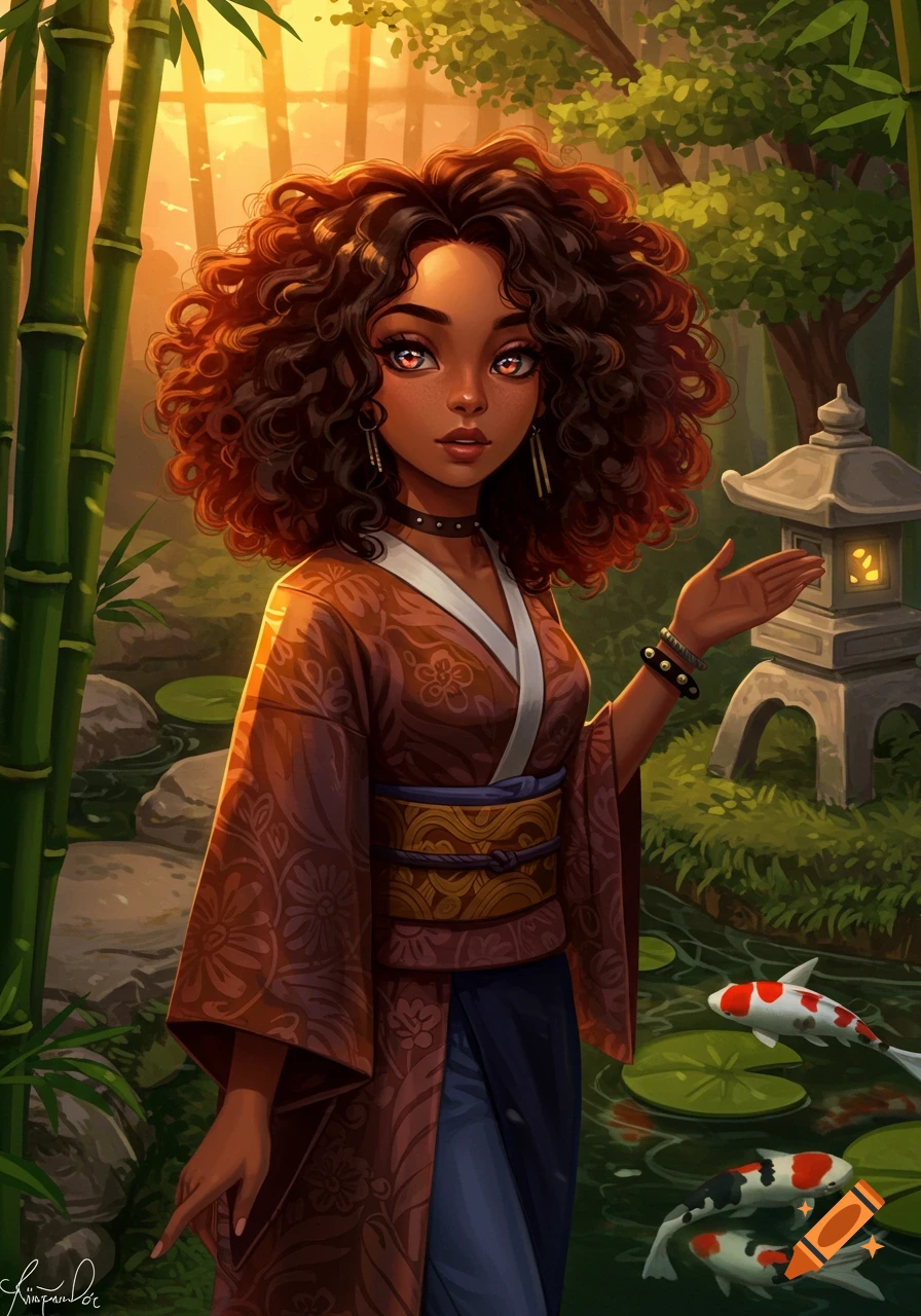 Stylized anime art of a young woman with curly hair in a kimono in a Japanese garden with koi fish and bamboo.