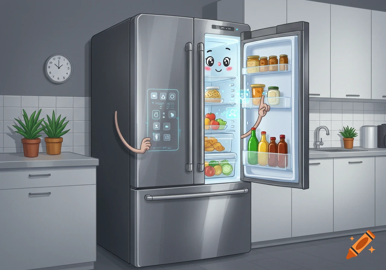 A friendly cartoon smart refrigerator with a smiling face and arms reaching into its open, fully stocked door in a modern kitchen.