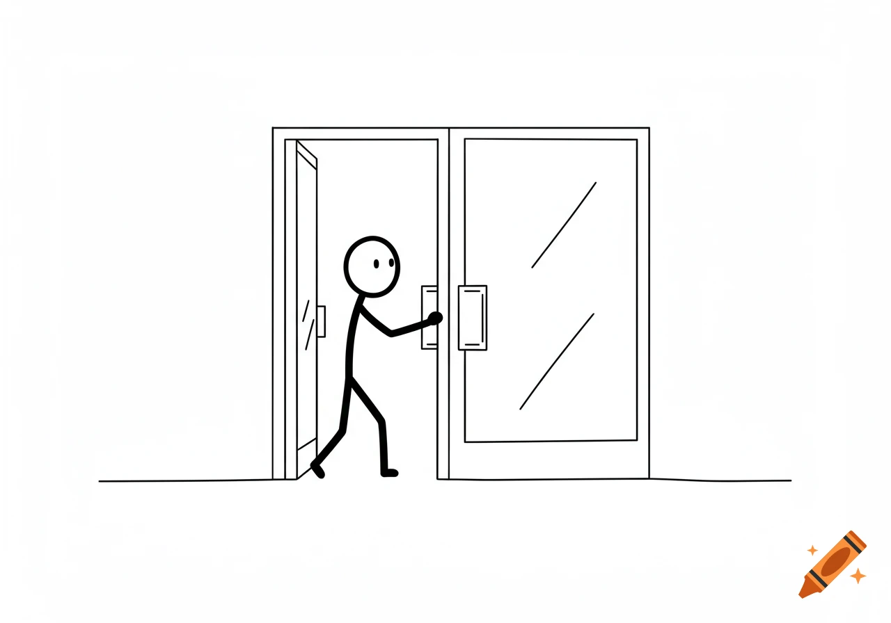 A black and white stick figure opens a glass double door.