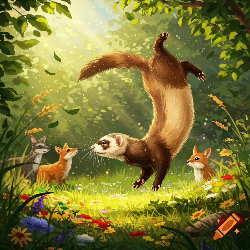 A ferret performs a somersault in a vibrant, sunlit forest clearing with flowers, observed by a fox and a deer.