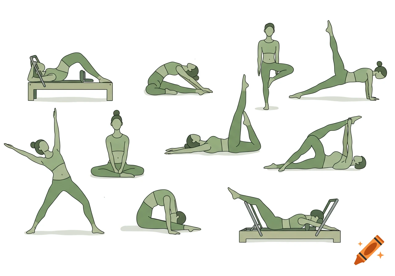 Multiple sage green line-art illustrations of women doing various Pilates exercises on a white background.
