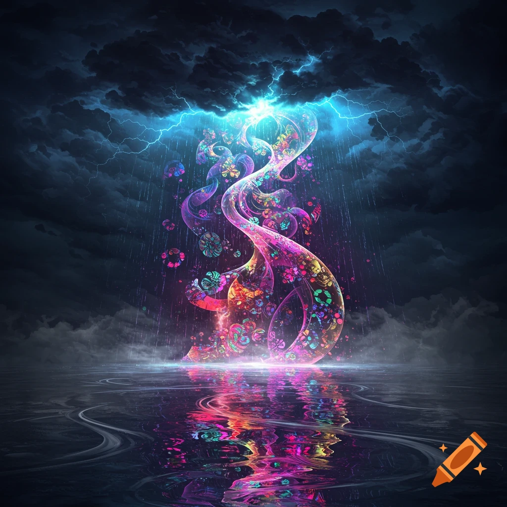 Vibrant, glowing abstract energy column under a stormy sky with lightning, reflecting on a wet surface.