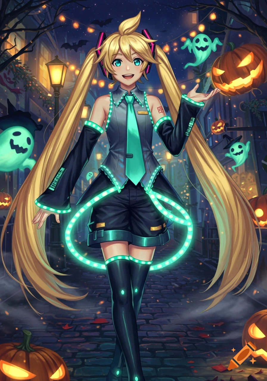 Anime girl with blonde pigtails in a glowing teal and black Halloween costume on a cobblestone street with pumpkins and ghosts.