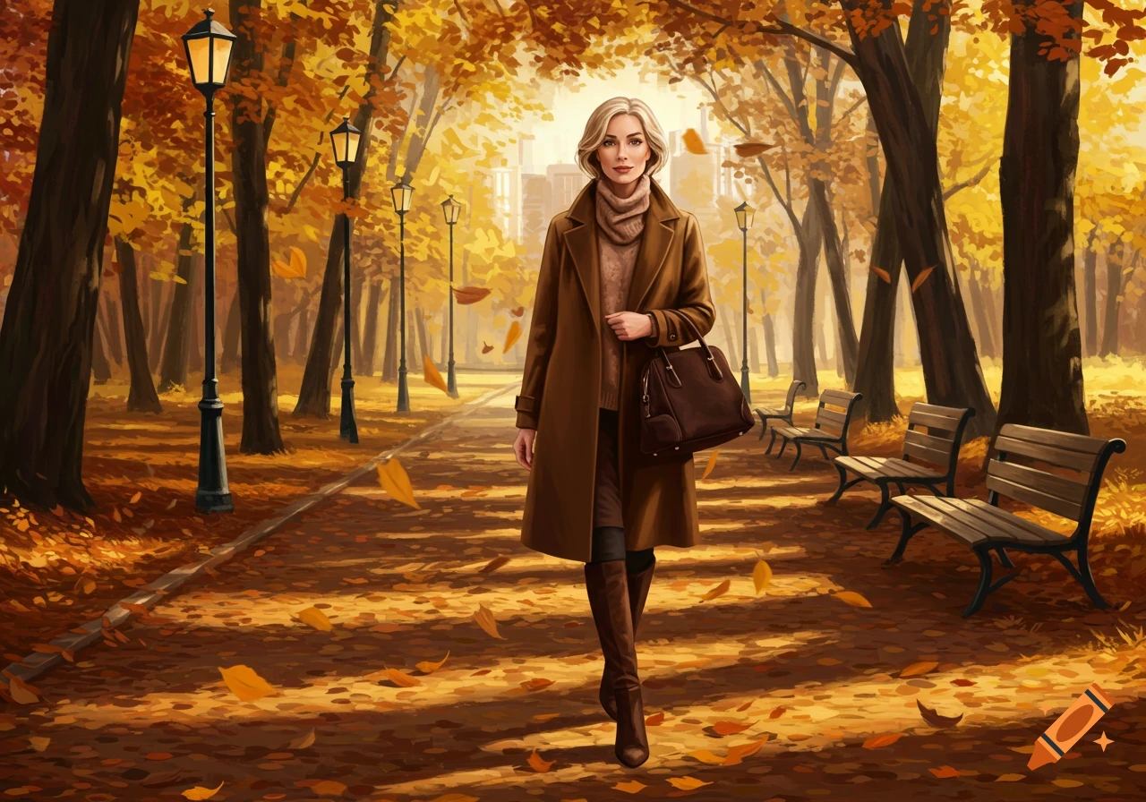 A stylish woman in a brown coat and boots walks through an autumn park filled with golden leaves and lampposts.