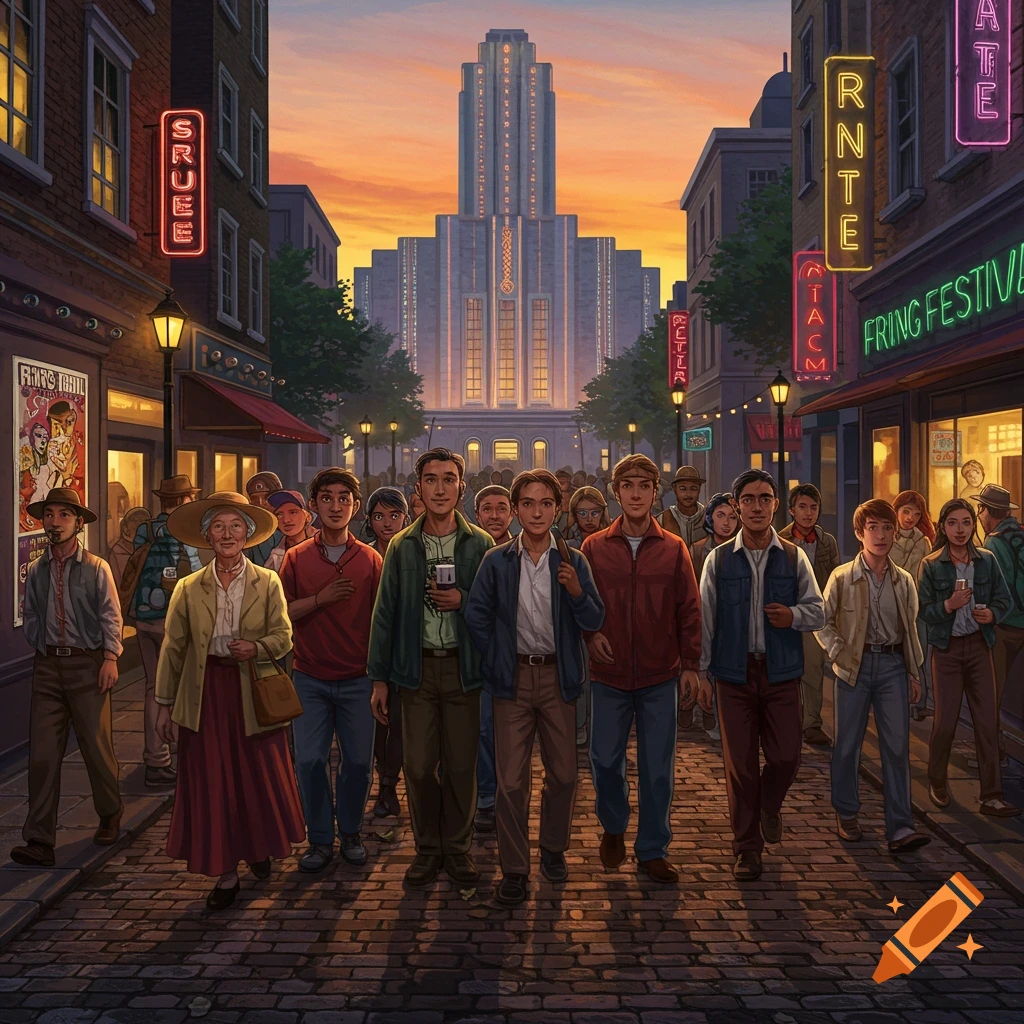 A large group of diverse people walks down a bustling city street towards a grand Art Deco building at sunset, with neon signs lining the path in an illustrated style.