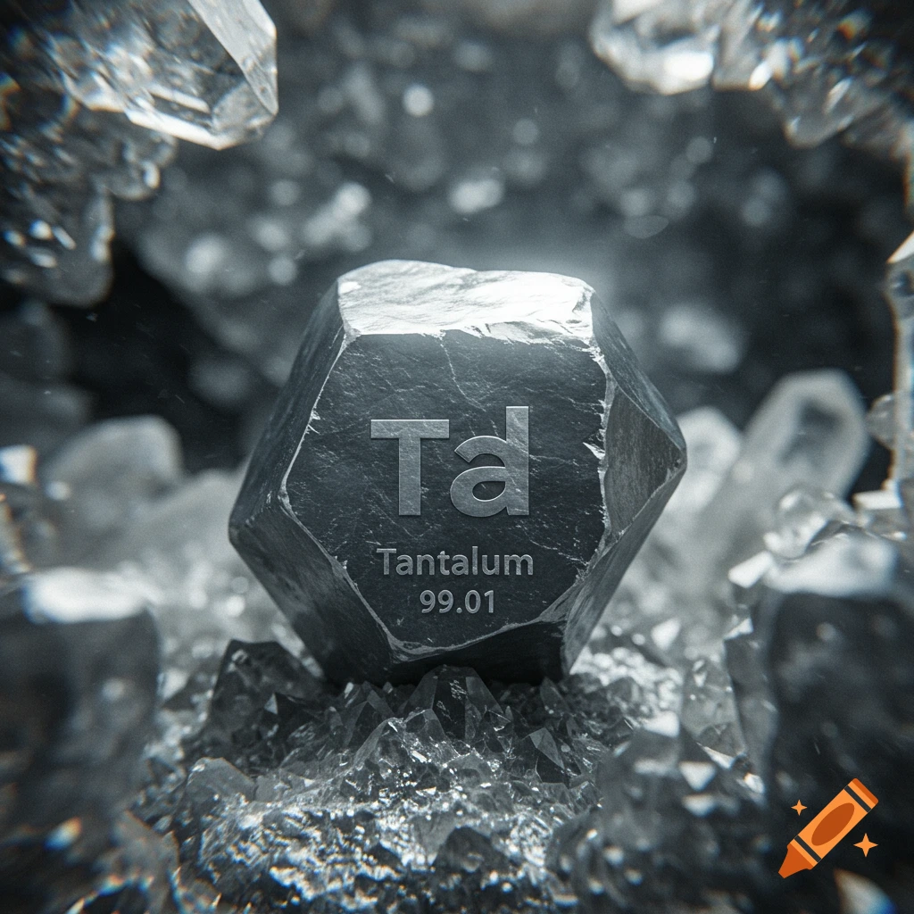 A faceted, metallic gray dodecahedron labeled 'Ta Tantalum 99.01' nestled among sparkling white crystals in a dark geode.