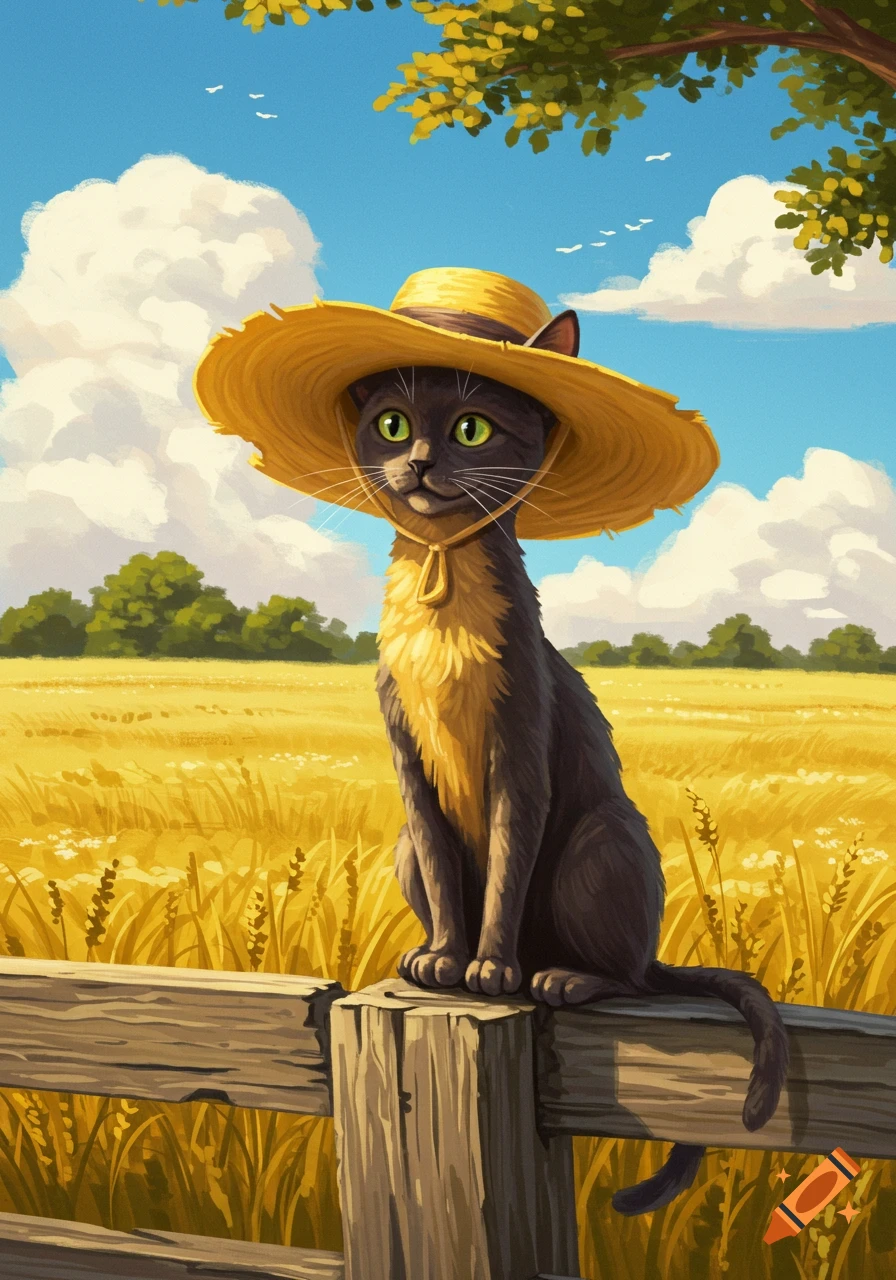 A gray cat wearing a yellow straw hat sits on a wooden fence post in a golden wheat field under a blue sky, in a painterly style.
