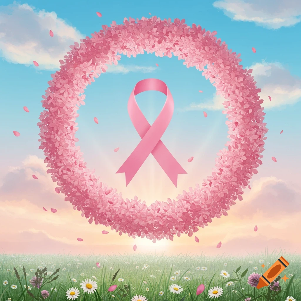 A pink breast cancer awareness ribbon inside a floating floral wreath over a field and blue sky.
