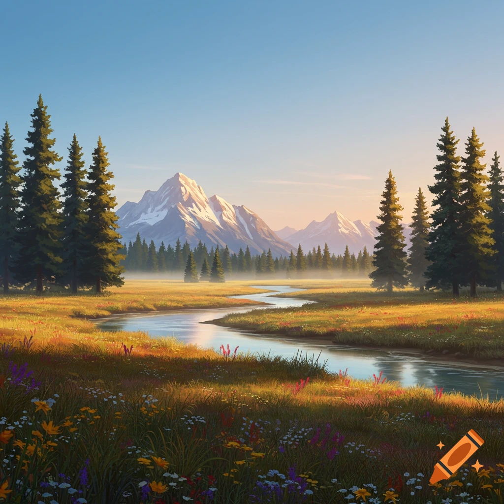 A clear river winds through a sunlit field of wildflowers and grasses, flanked by pine trees, with snow-capped mountains under a bright sky.