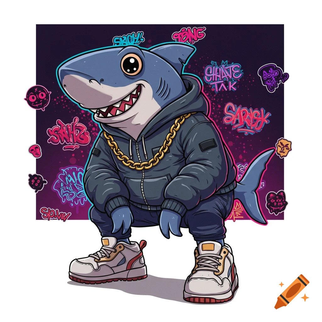 A cute cartoon shark in streetwear, wearing a hoodie, gold chain, and sneakers, squatting with a goofy grin against a neon graffiti backdrop.