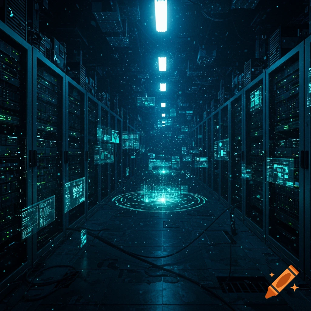 A futuristic data center with rows of server racks, glowing blue lights, and floating digital interfaces in a dark, cyberpunk style.