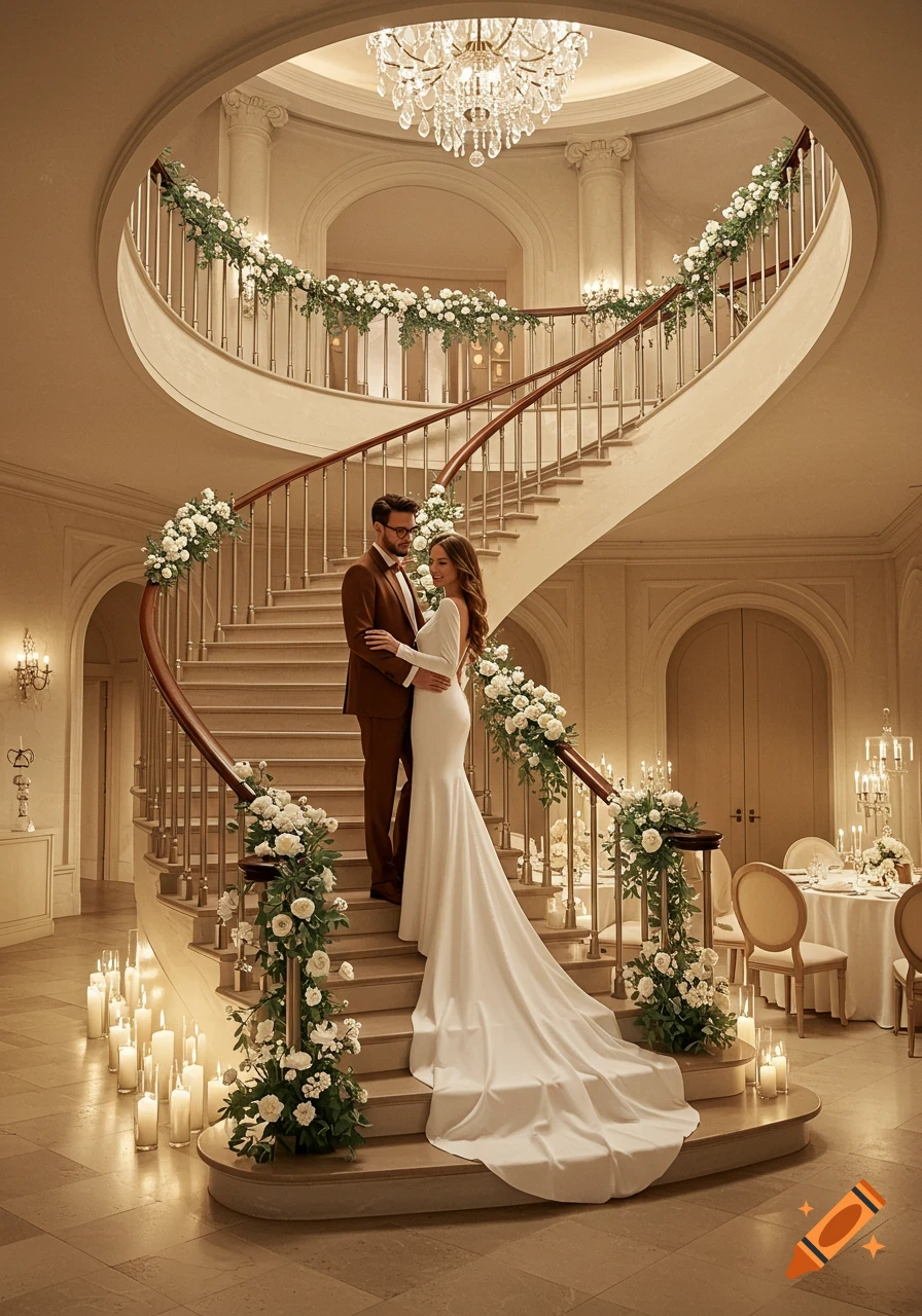 Bride in white dress and groom in brown suit pose on a grand, candle-lit spiral staircase decorated with white flowers.