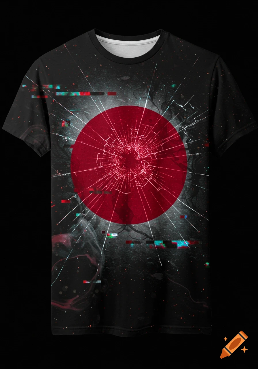 Black t-shirt featuring a shattered red circle resembling a dystopian Japanese flag with glitch effects.
