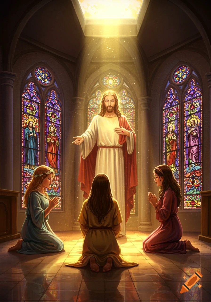 Illustrative painting of Jesus radiating light in a church, with three girls kneeling in prayer amidst stained glass windows.