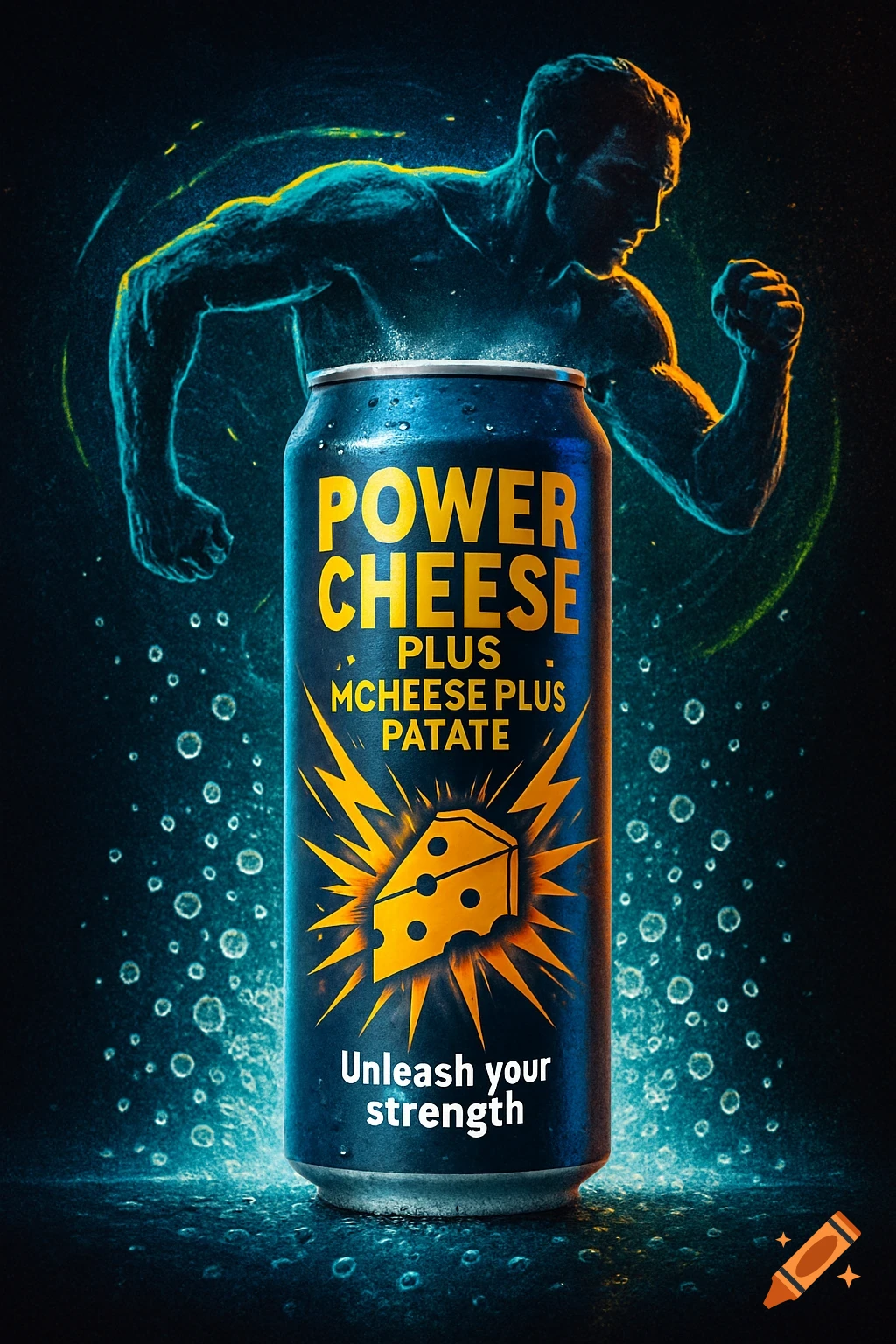 A cold blue soda can labeled 'POWER CHEESE' with a glowing cheese and lightning bolts, in front of a neon-glowing running sportsman, surrounded by water droplets.