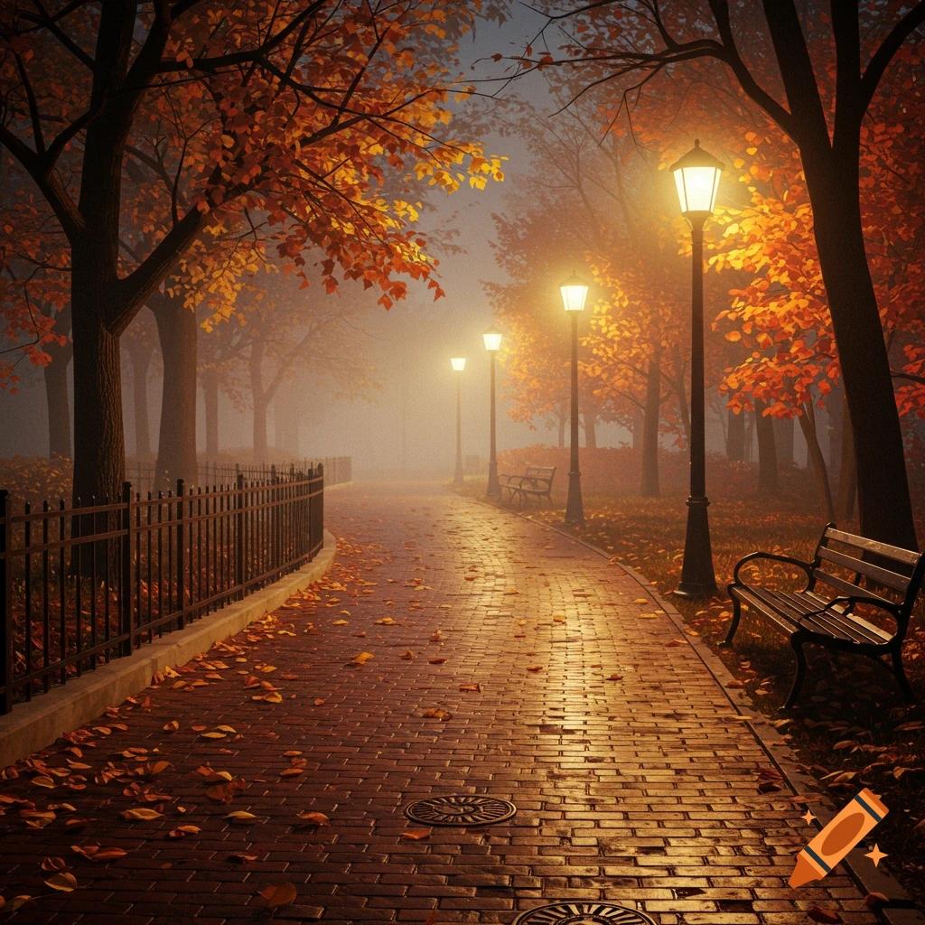 A picturesque autumn park path lined with trees in fall foliage, illuminated by glowing lampposts, with fallen leaves on a wet brick walkway.