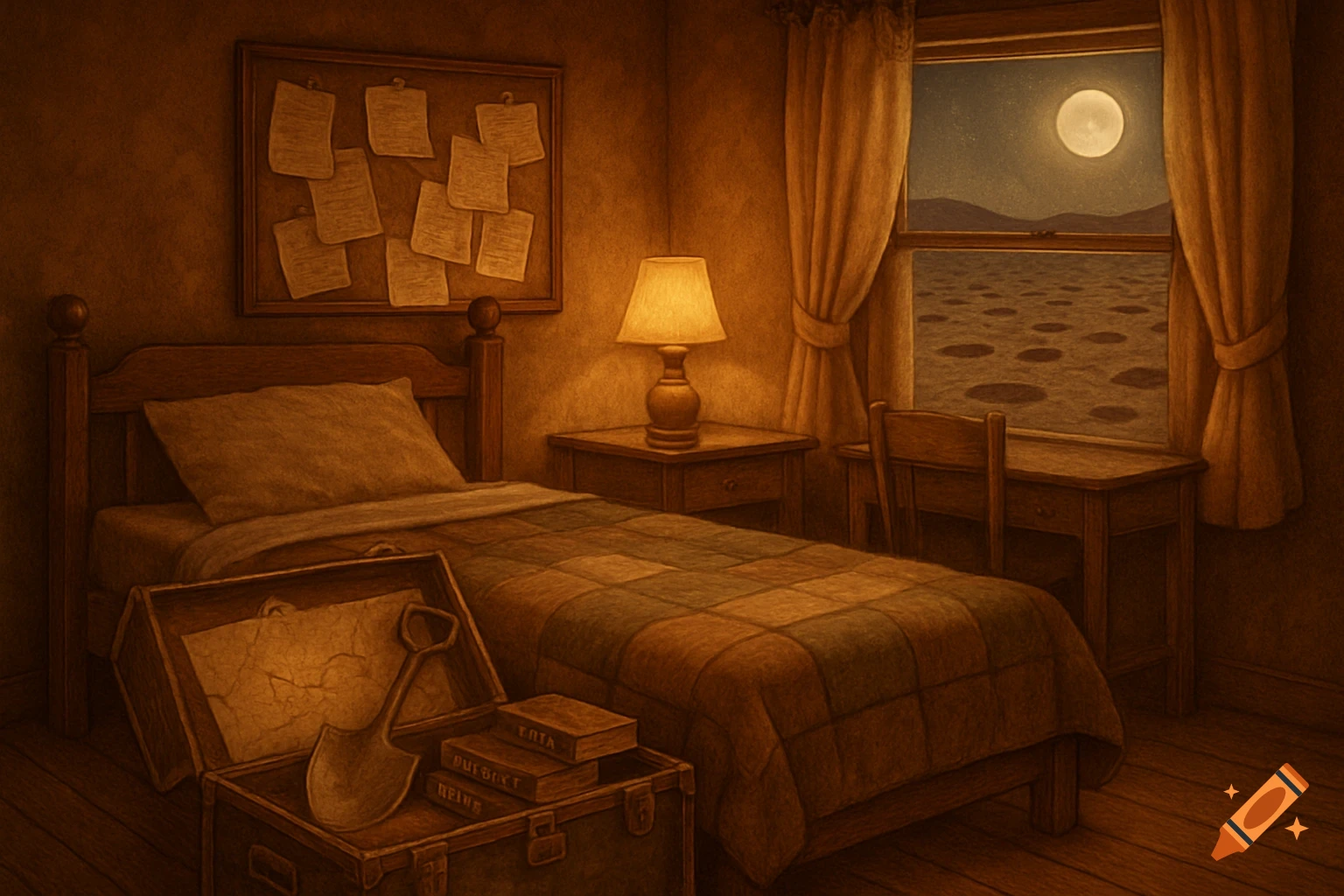A stylized bedroom at night with a bed, a lamp, a desk, and a window looking out onto a moonlit, crater-filled landscape. An open trunk containing a shovel and a map sits beside the bed.