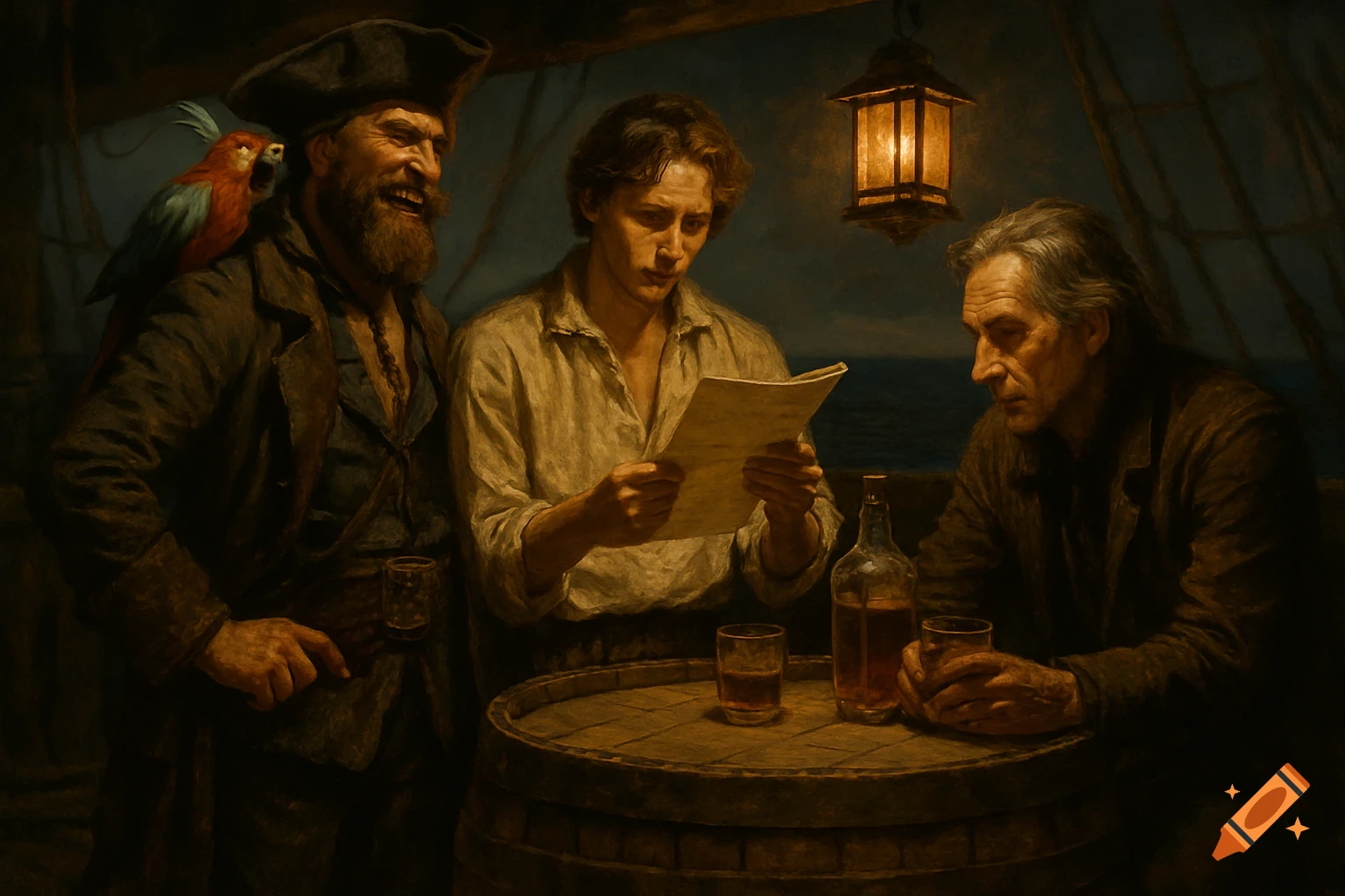 A painterly scene depicts a laughing pirate with a parrot, a man reading a script, and another man in thought, around a whiskey barrel on a ship.