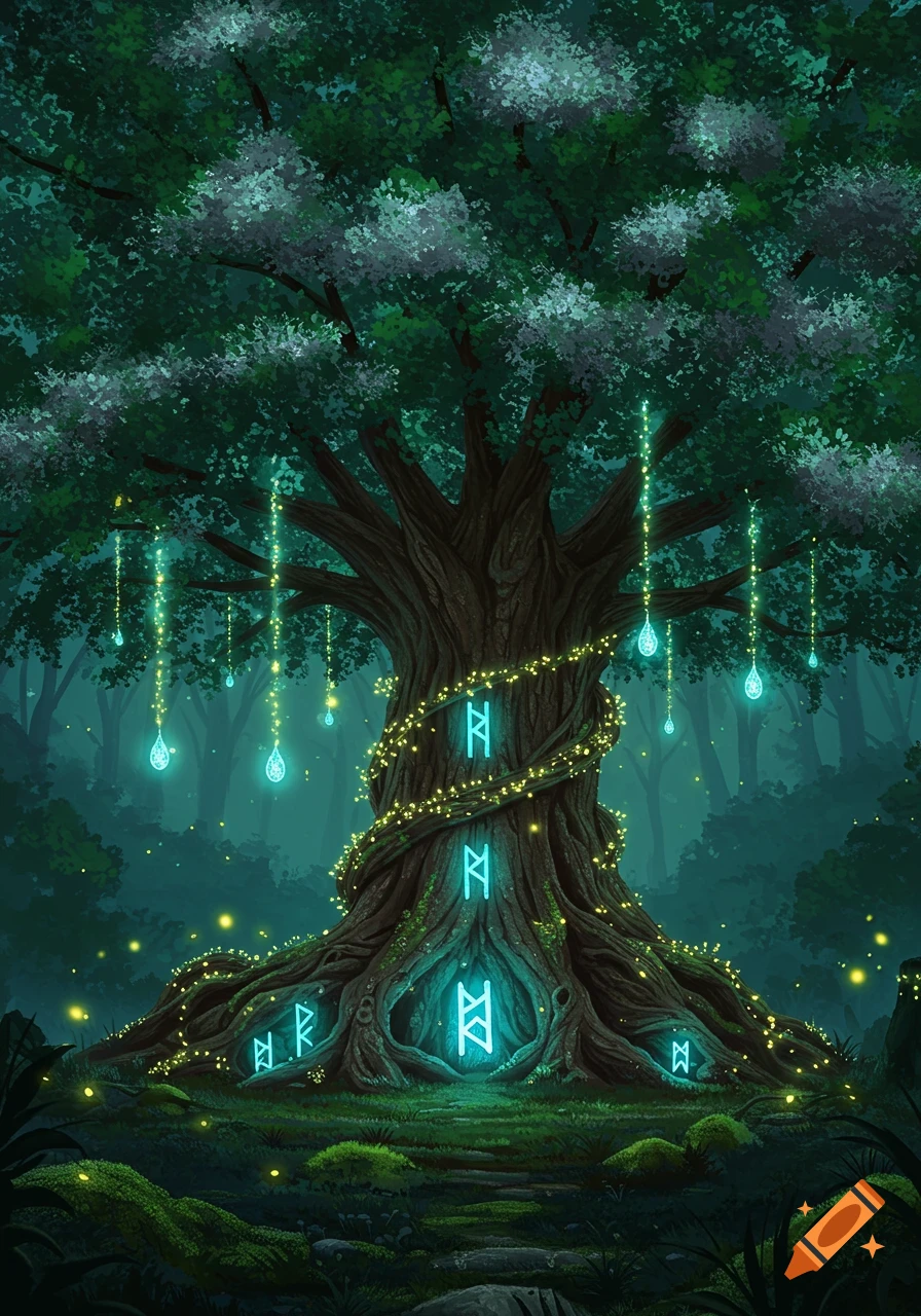 A mystical, ancient tree glows with intricate blue runes and sparkling yellow lights in a dark, enchanting forest, rendered in a fantasy art style.