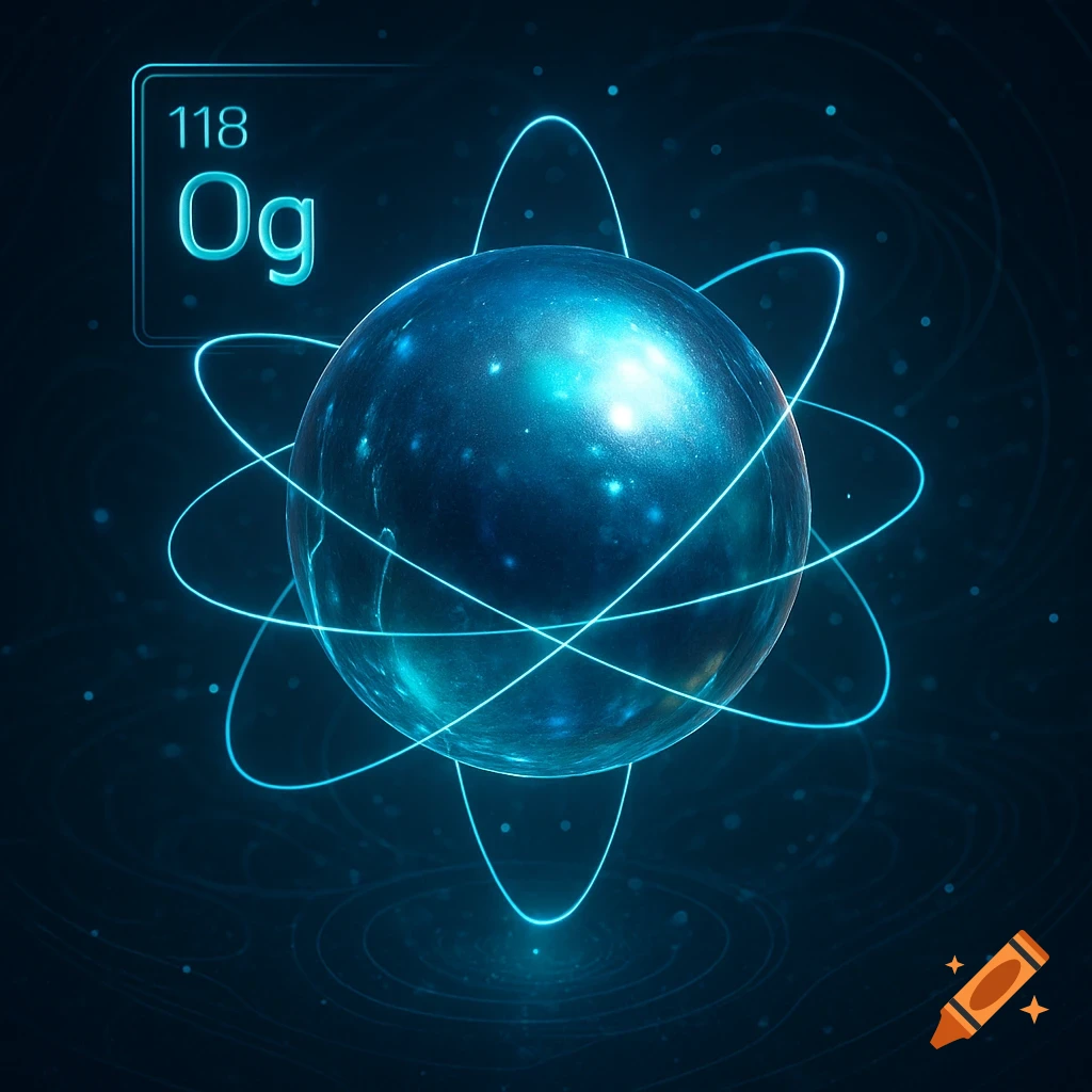 A glowing blue atom model with orbiting lines and the element '118 Og' in a digital periodic table box.
