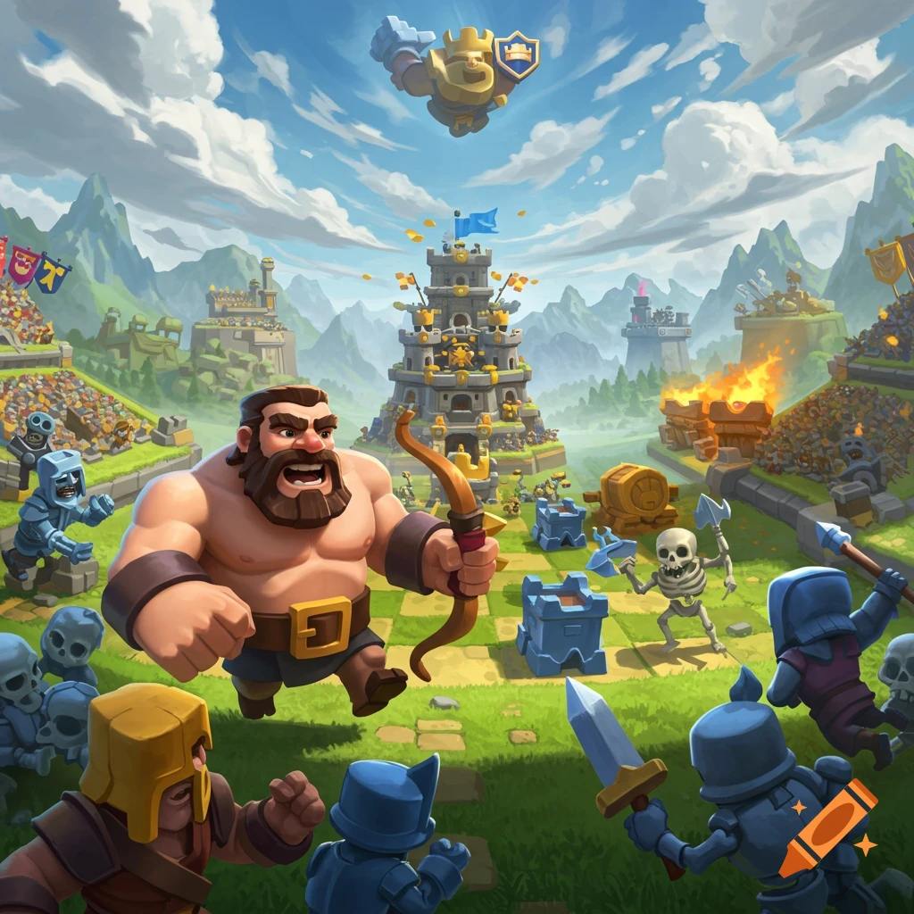 Cartoonish Clash Royale battle scene with a giant, archer, skeletons, and other characters fighting in an arena with a central tower.