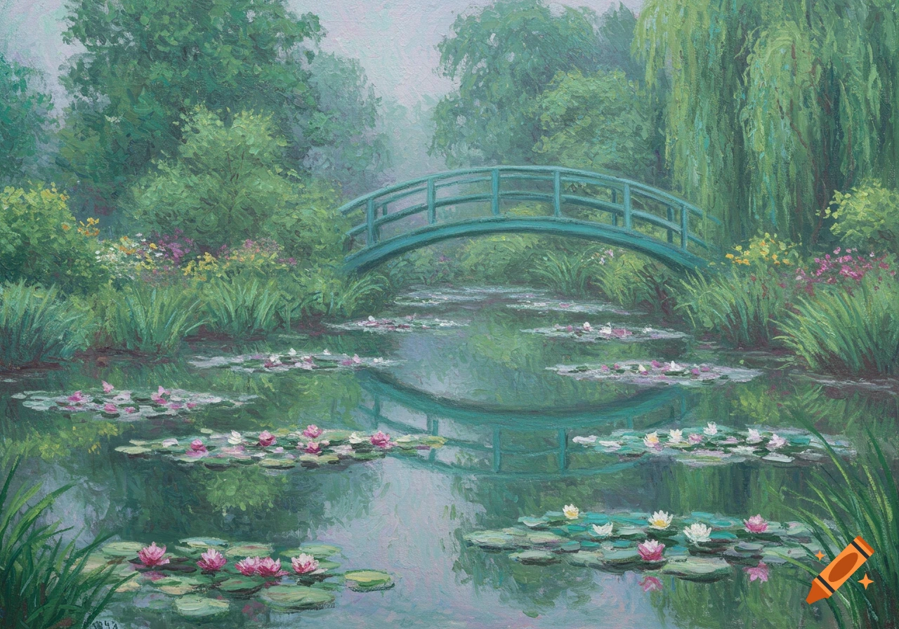 Impressionistic painting of a green arched bridge over a pond with pink and white water lilies, surrounded by lush foliage.