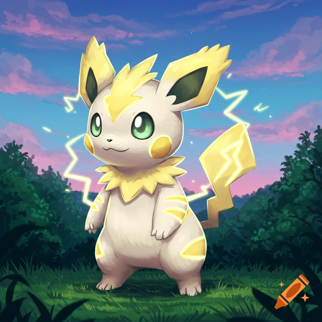 A cartoon electric-type Pokémon-like creature with yellow accents stands in a forest clearing at sunset.