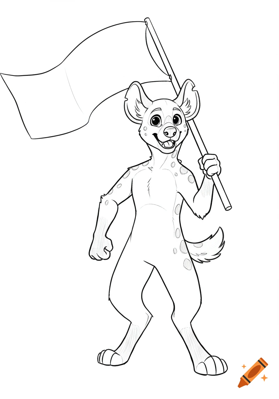 Line art drawing of an anthropomorphic hyena standing and holding a blank flag, depicted as a furry base.