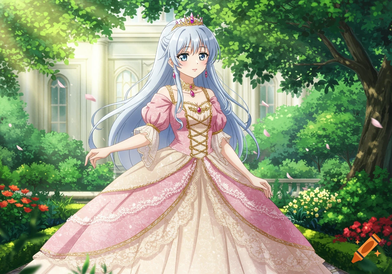 An anime princess with long light blue hair and a tiara, in an ornate pink and cream ball gown, stands in a sunny garden.