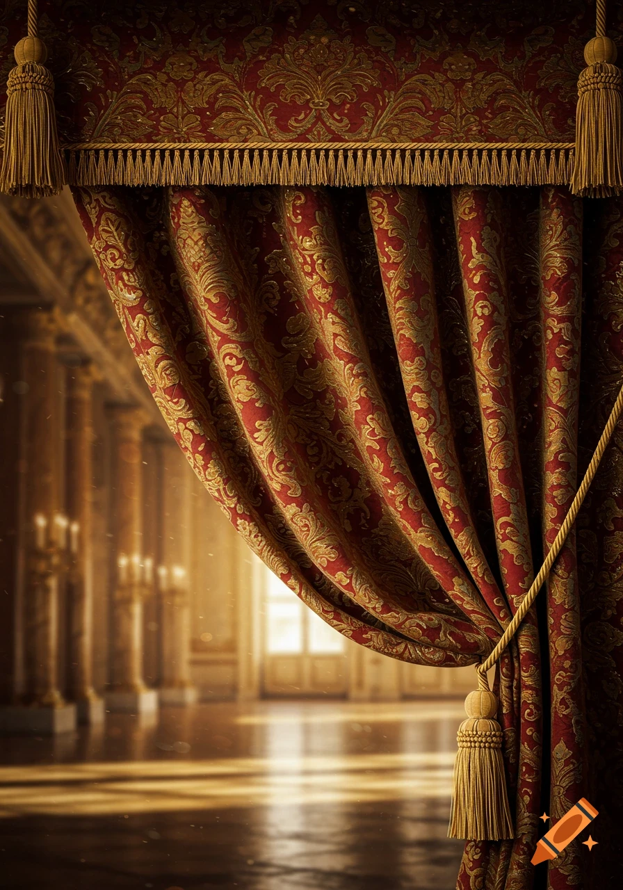 Sumptuous red and gold damask curtain with tassels, pulled back to reveal a grand, sunlit classical hall with columns.