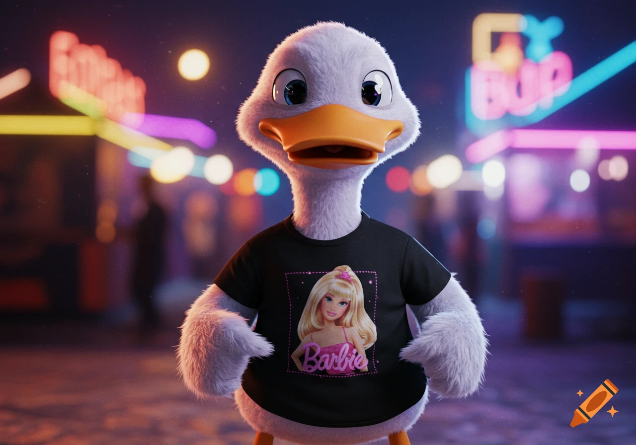 A fluffy white cartoon duck wearing a black t-shirt with a Barbie portrait and "Barbie" text stands in a neon-lit city at night.