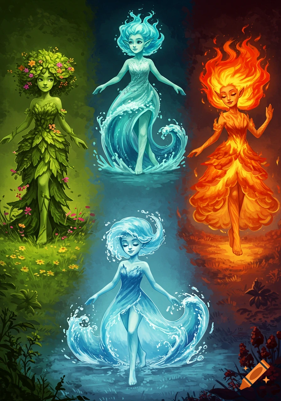 Four vibrant elemental girls representing earth, water, and fire in an illustrative fantasy style.