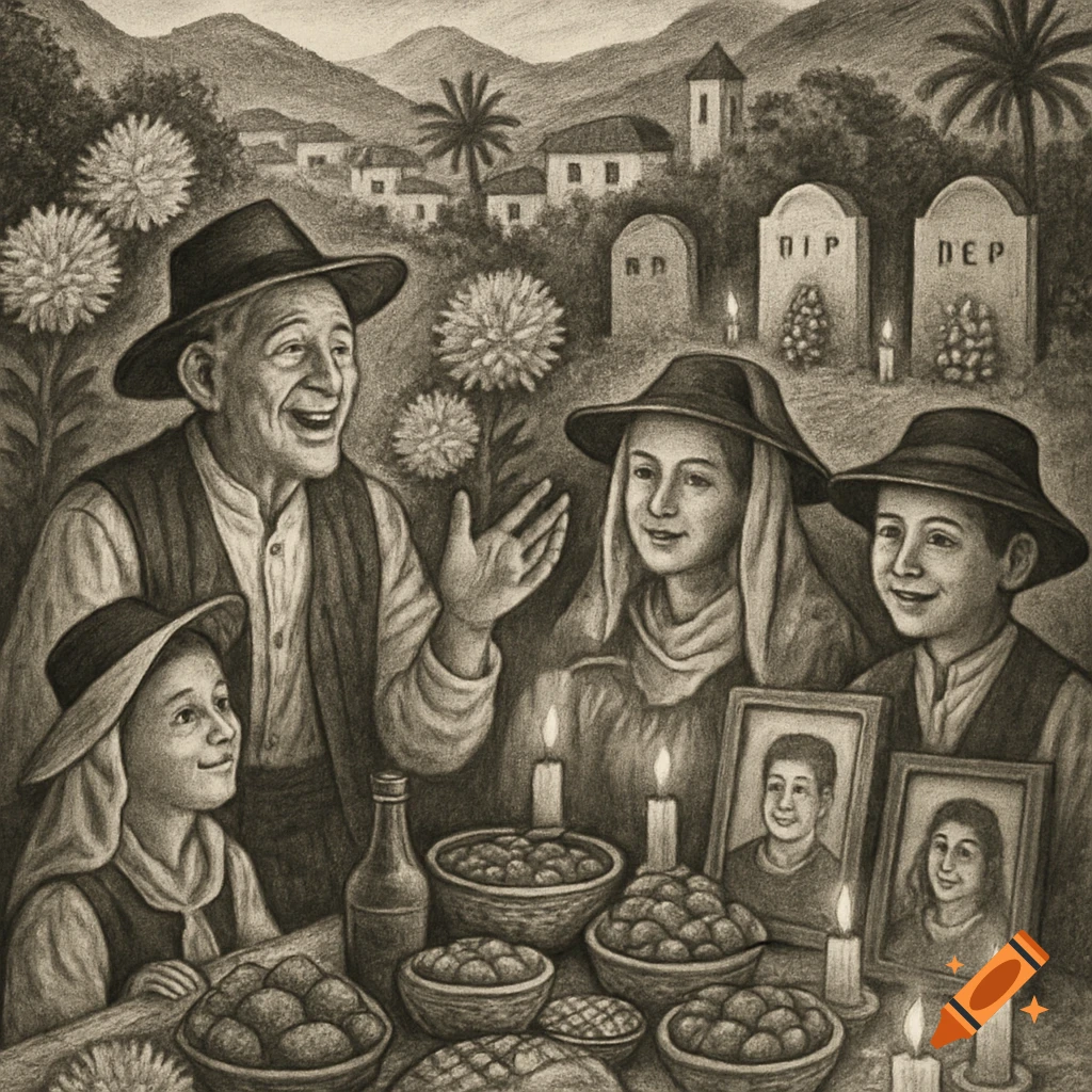 A black and white pencil drawing shows a joyful family gathered around a table with food and candles, with gravestones and a village in the background, commemorating Dia de Finados.