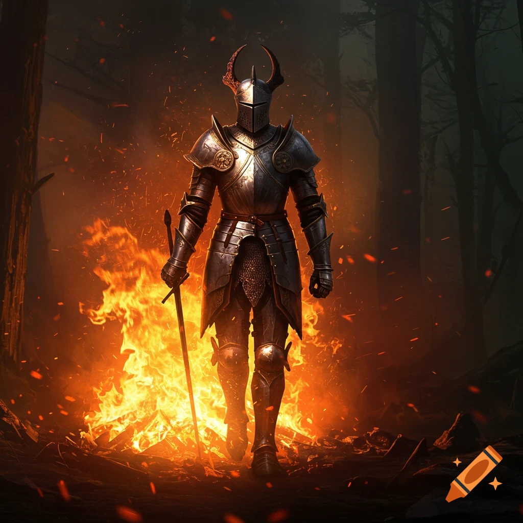 An ornately armored knight stands dramatically in front of a roaring fire in a dark forest.