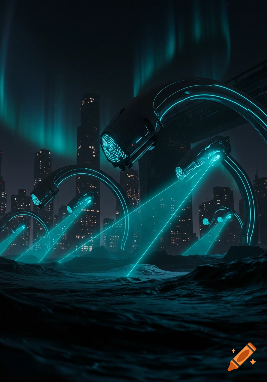 A dark futuristic city at night with large, arc-shaped structures emitting bright teal light beams towards the ground, under a teal aurora.
