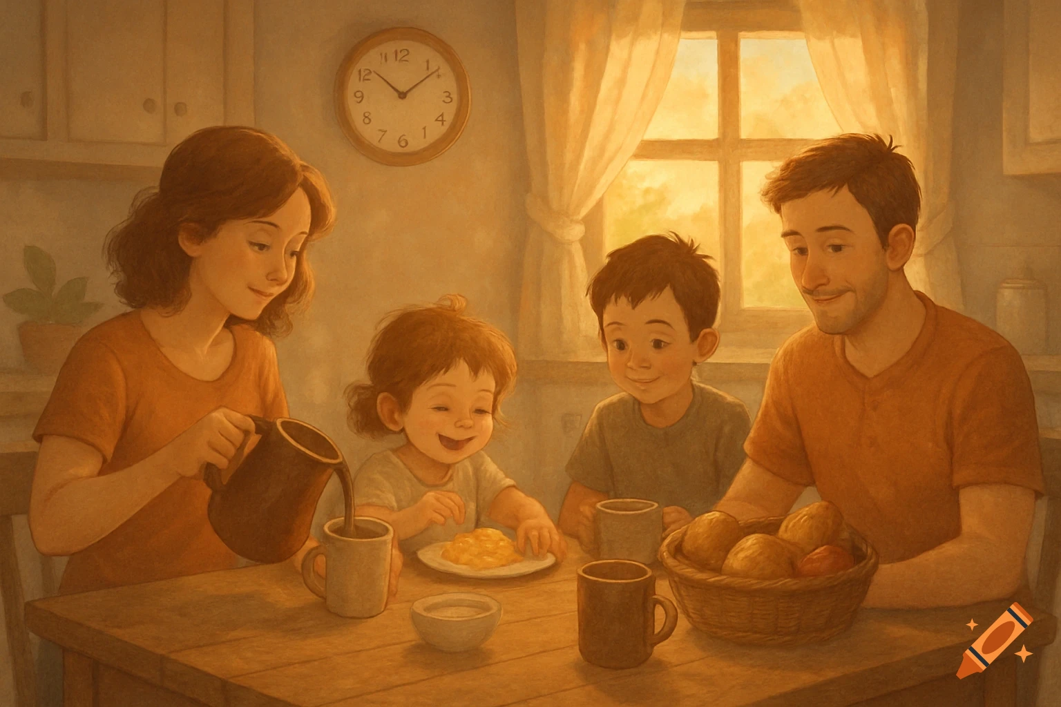 A warm, painterly illustration of a family of four having breakfast together in a cozy kitchen. The mother pours from a pitcher as a young child smiles.