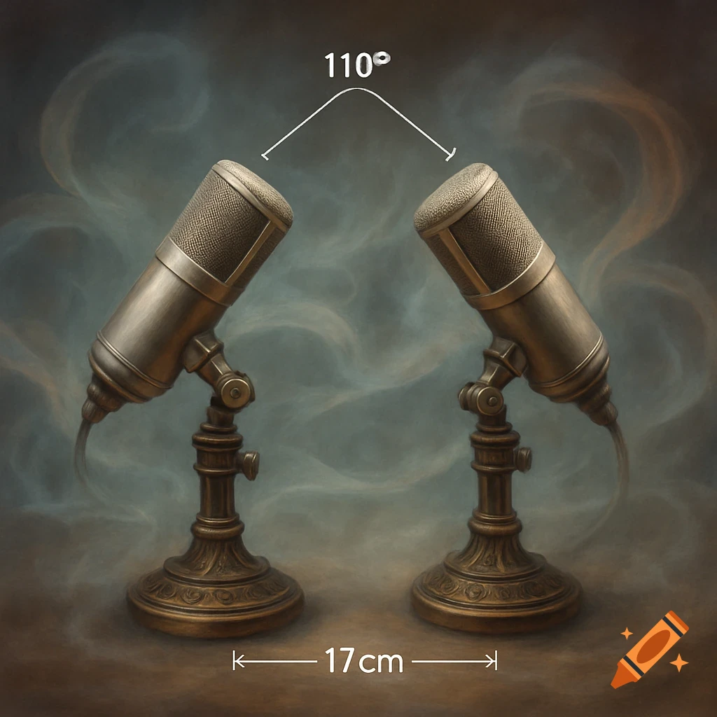 Two vintage-style microphones illustrate the ORTF stereo recording technique with 110-degree angle and 17cm distance markings.