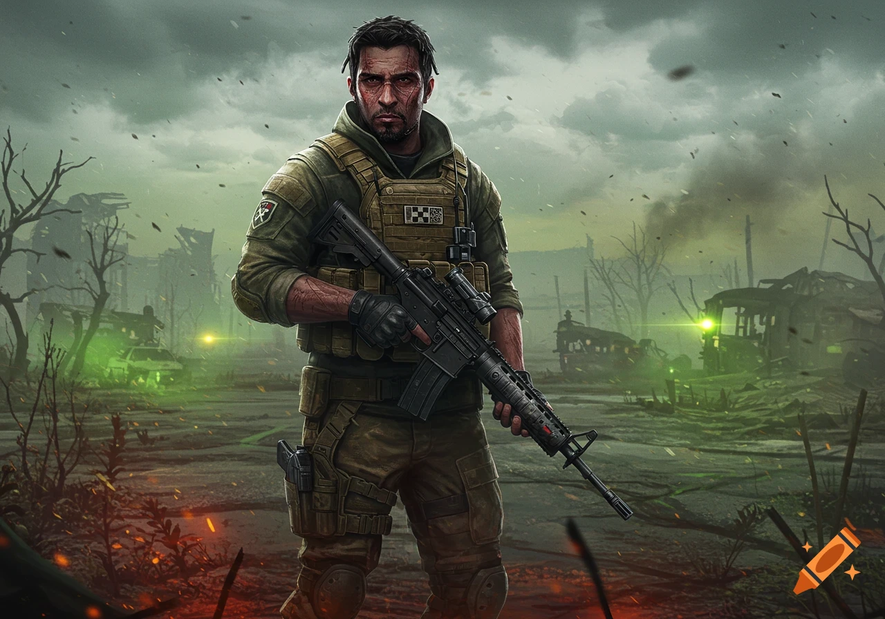A rugged soldier with facial scars and a rifle stands in a green-tinted, desolate, post-apocalyptic cityscape with glowing green lights and burning debris.