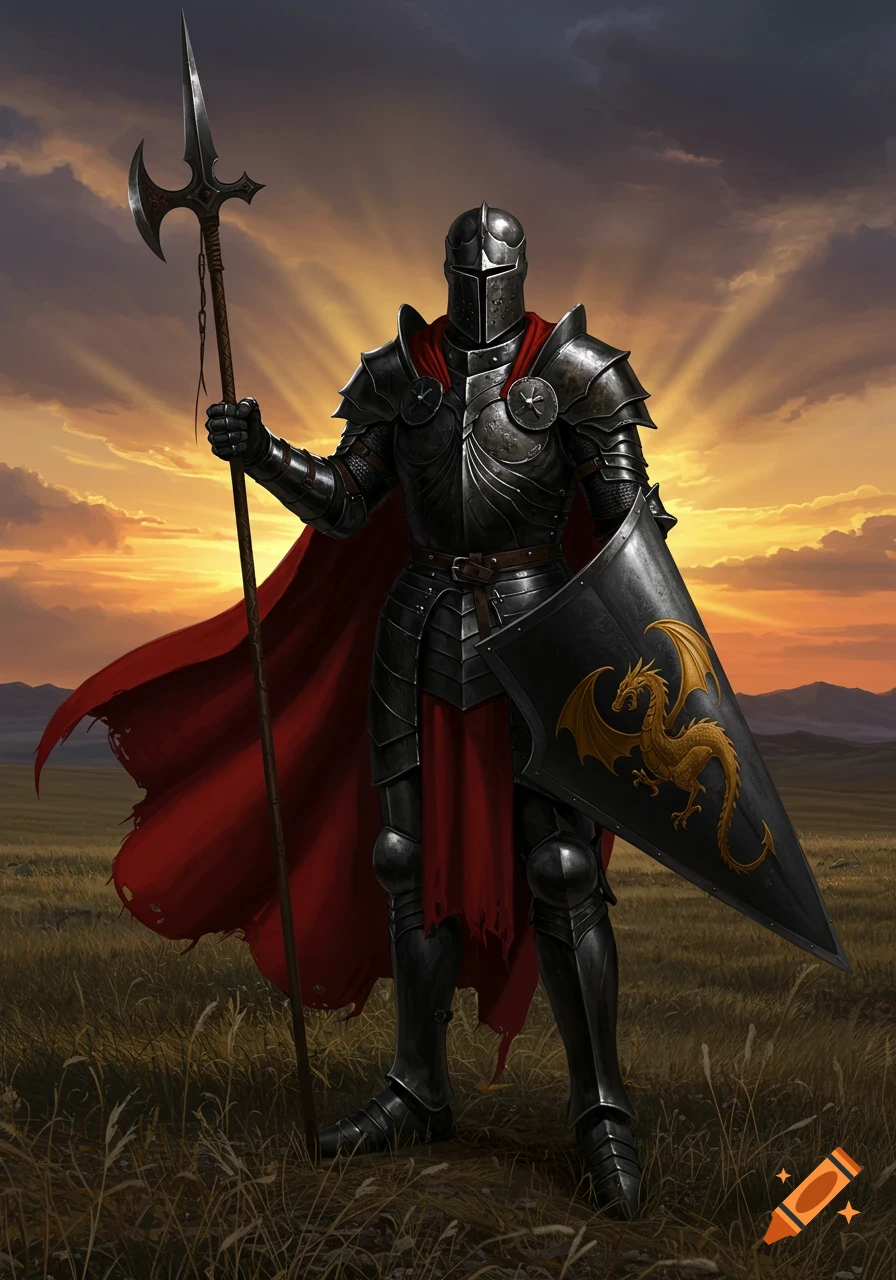 A knight in black armor and a red cape stands in a grassy field at sunset, holding a spear and a shield with a golden dragon.