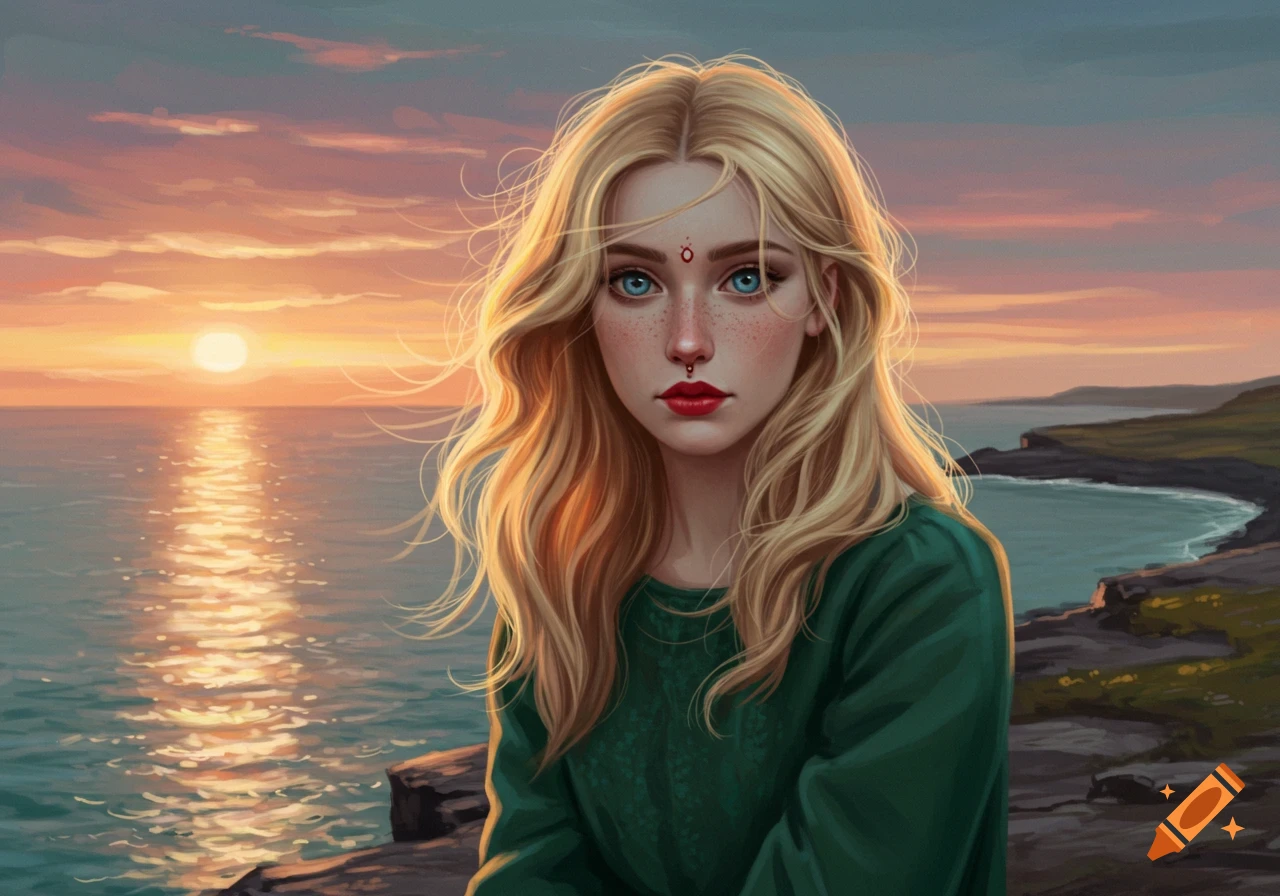 Digital painting of a blonde woman with blue eyes, freckles, and a nose ring, sitting on a cliff by the sea at sunset.