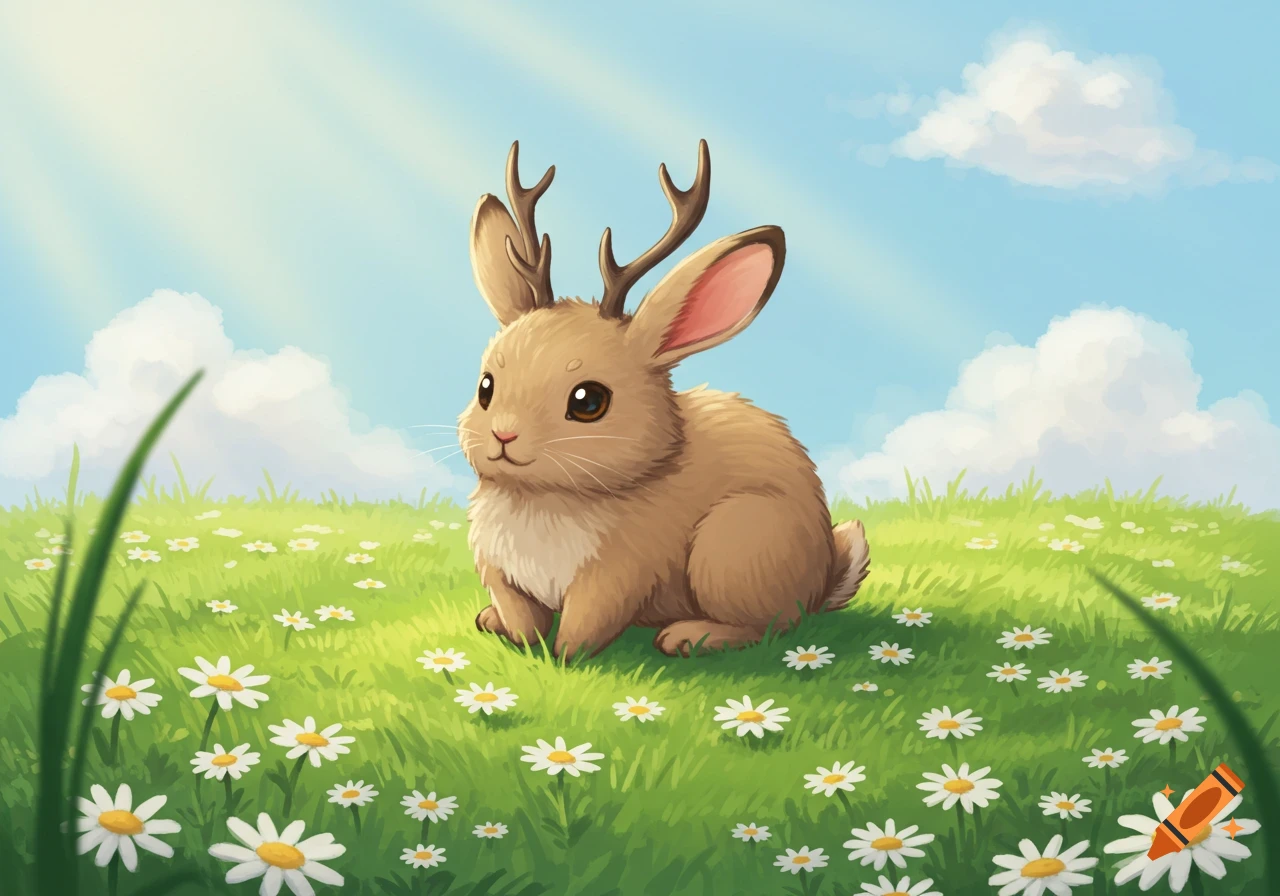A cutesy cartoon jackalope with antlers sits in a vibrant green field filled with white daisies under a blue sky with clouds.