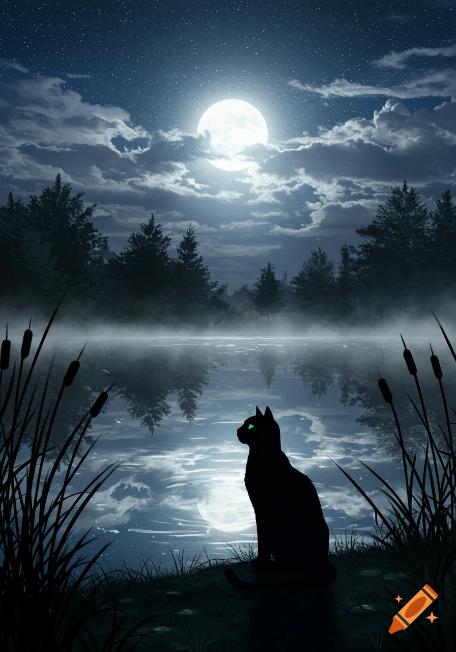 A black cat with glowing green eyes sits by a misty lake, gazing at the full moon reflecting on the water at night, with trees in the background.