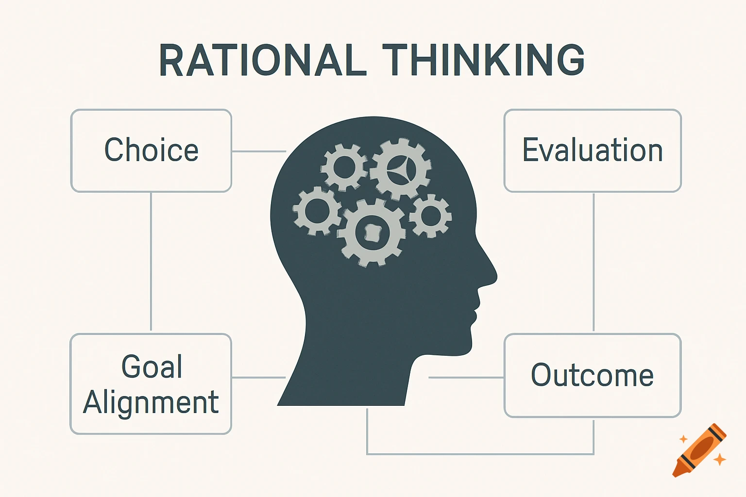 A diagram illustrating 'Rational Thinking' with a head silhouette containing gears and boxes labeled Choice, Evaluation, Goal Alignment, and Outcome.
