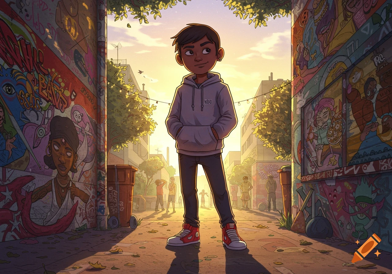 A cartoon boy stands illuminated by golden light in an urban alley filled with colorful graffiti street art.