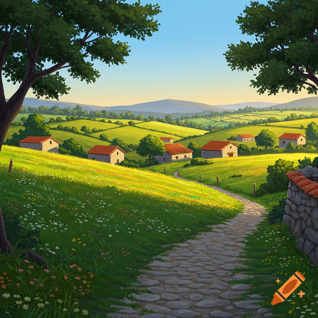 Vibrant illustration of a serene European countryside with green rolling hills, small village houses, and a winding stone path.
