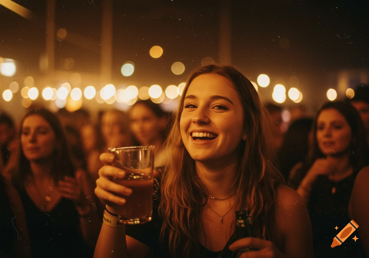 A young woman laughs, holding a drink and a bottle at a blurry, warm-lit party, captured in a grainy, candid style.