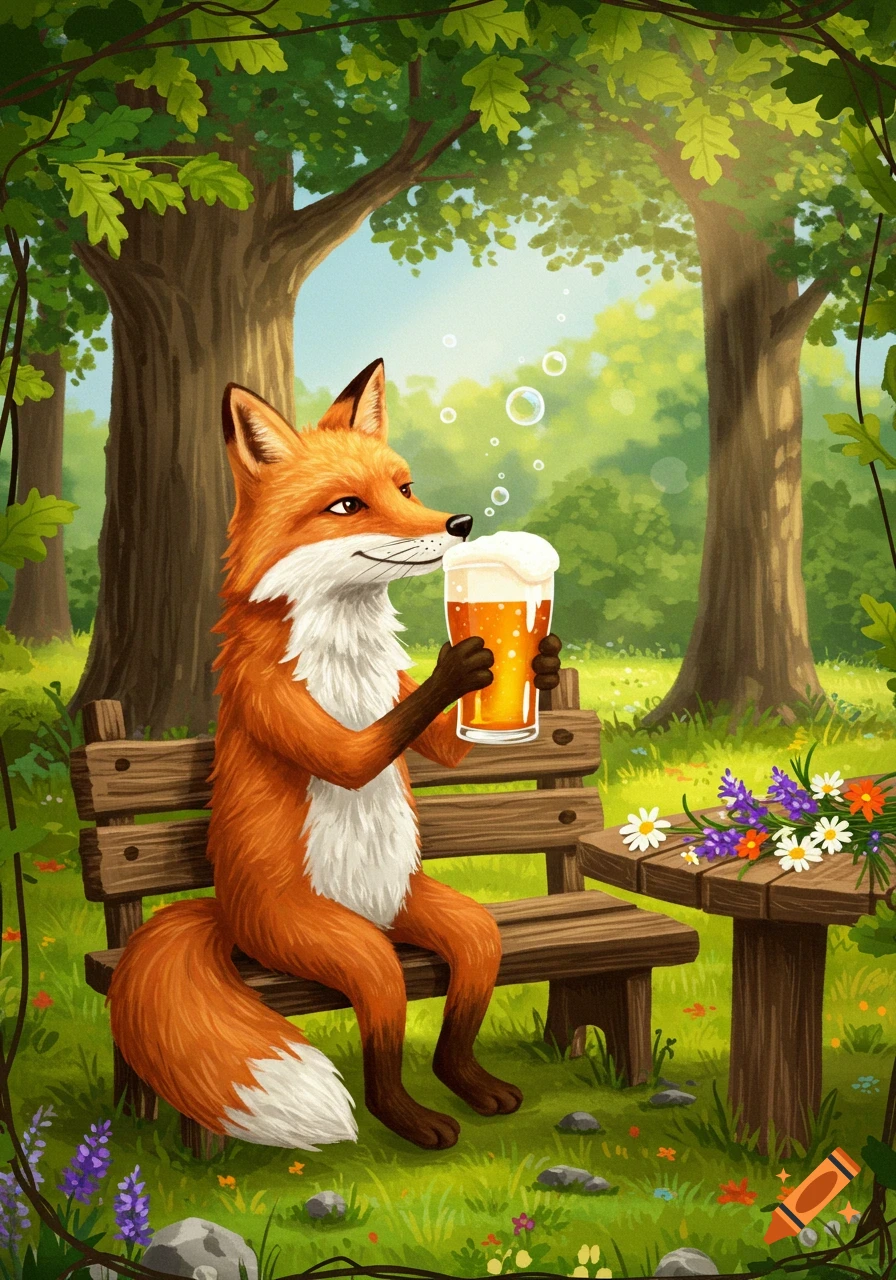 A cartoon fox sits on a wooden bench in a sunny forest, holding a frothy glass of beer. Flowers are on a nearby table.