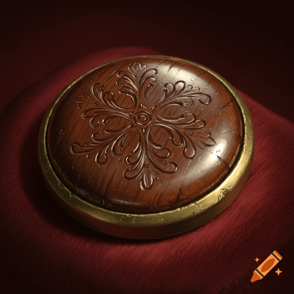 A close-up of a large, round, dark wooden button with intricate floral carvings, rimmed in brass, on a red fabric.